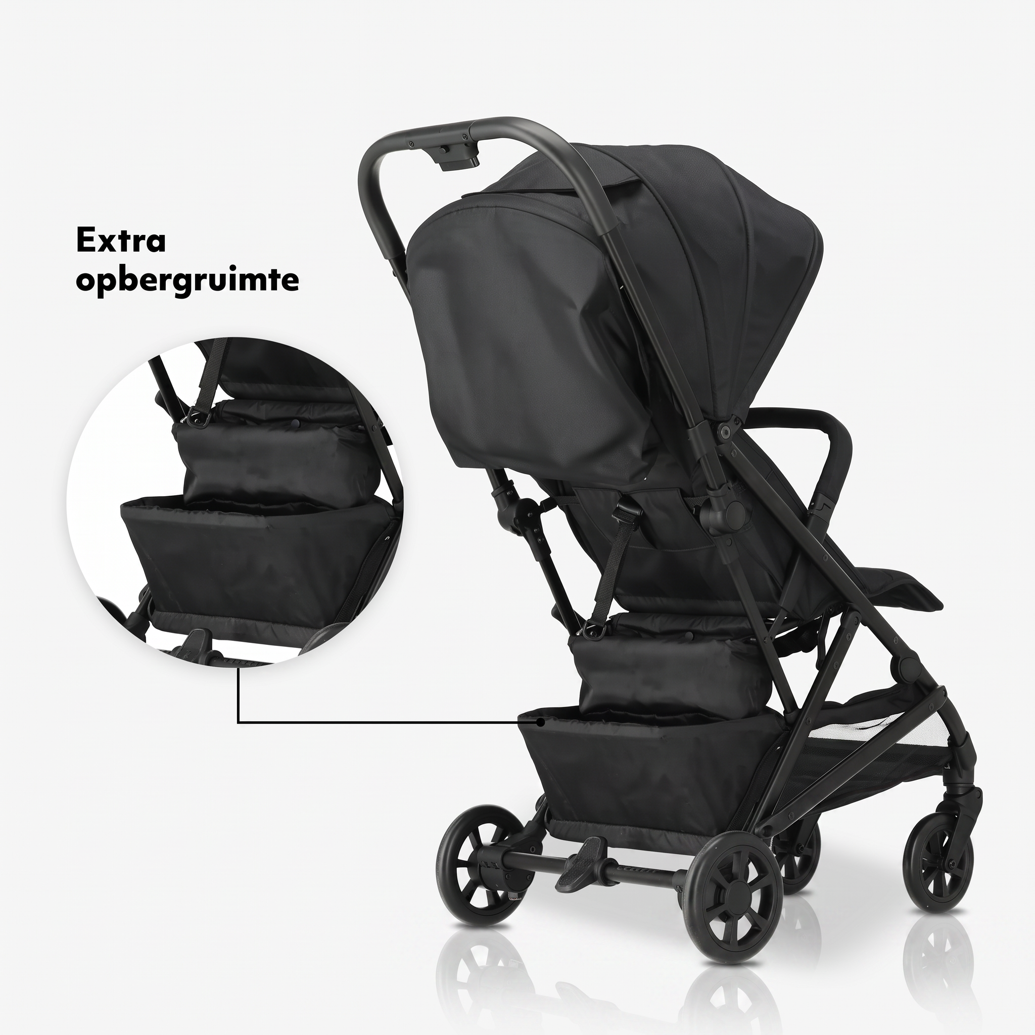 Under-seat storage basket on the The Explorer — fits a diaper bag