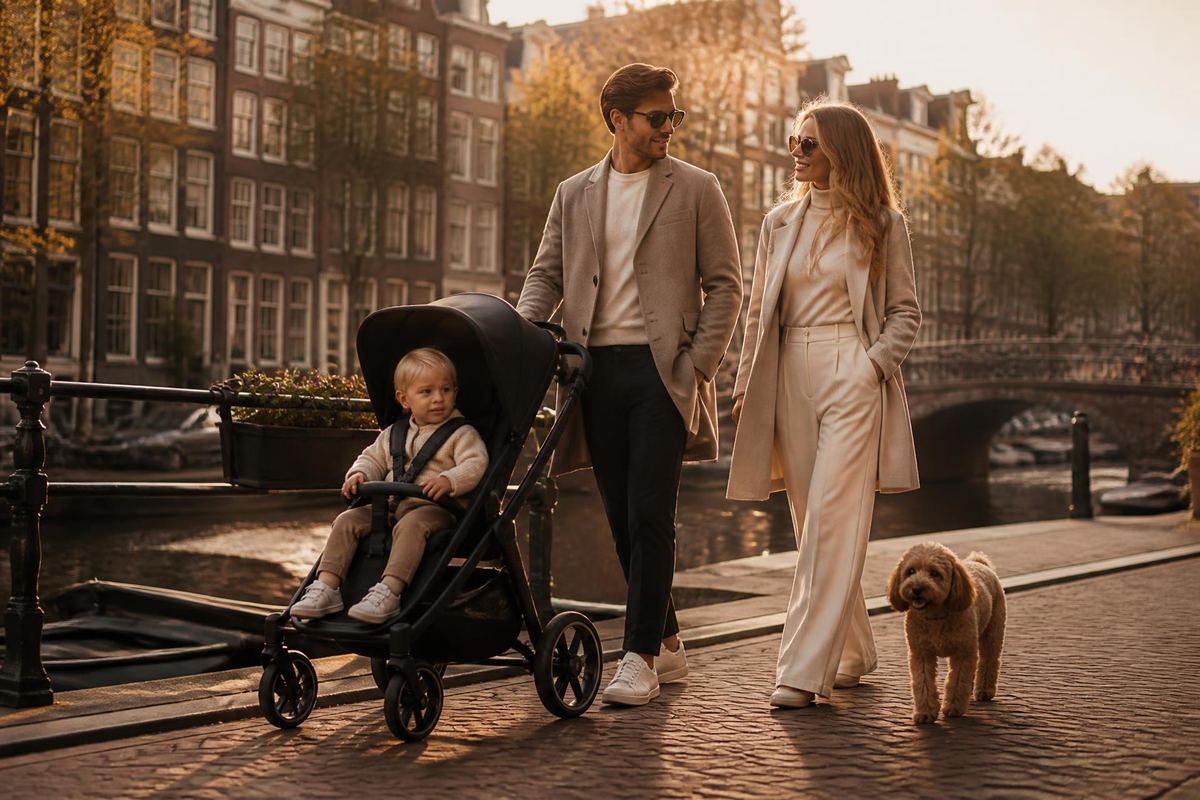 Canal de Ámsterdam con casas históricas, un día ideal para pasear en familia con cochecito