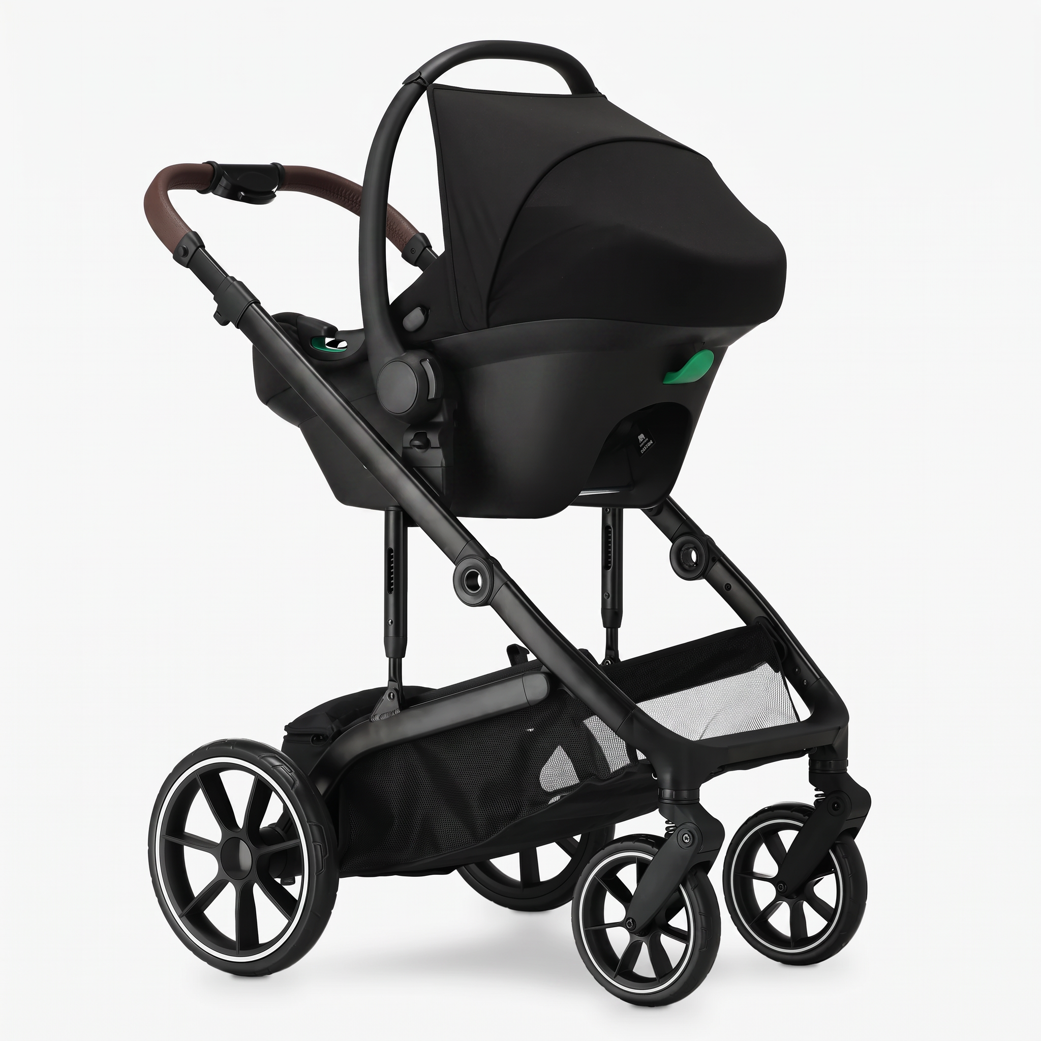 The Comfort 3-in-1 with infant car seat clicked onto the chassis — Amsterdam travel system rental